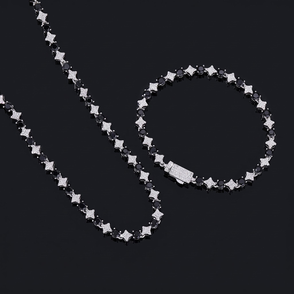 Iced Out Black&White Star Tennis Chain and Bracelet Set Iced Out Black&White Star Tennis Chain and Bracelet Set