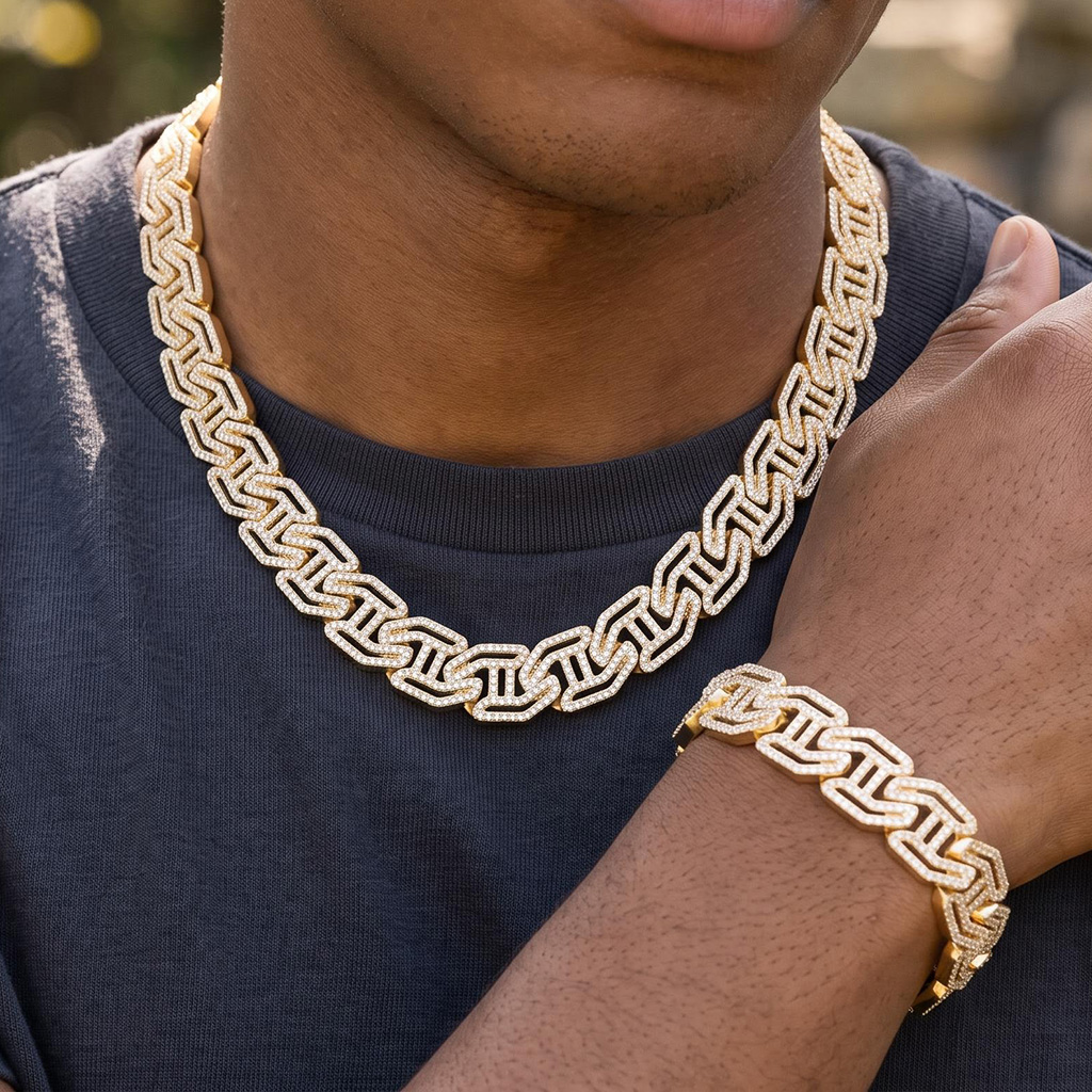 16mm Iced Out Cuban Link Chain and Bracelet Set 16mm Iced Out Cuban Link Chain and Bracelet Set