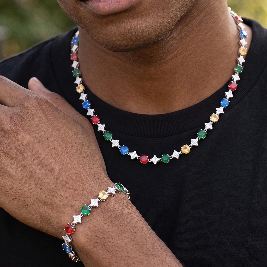 Iced Out Multi-color Star Tennis Chain and Bracelet Set Iced Out Multi-color Star Tennis Chain and Bracelet Set