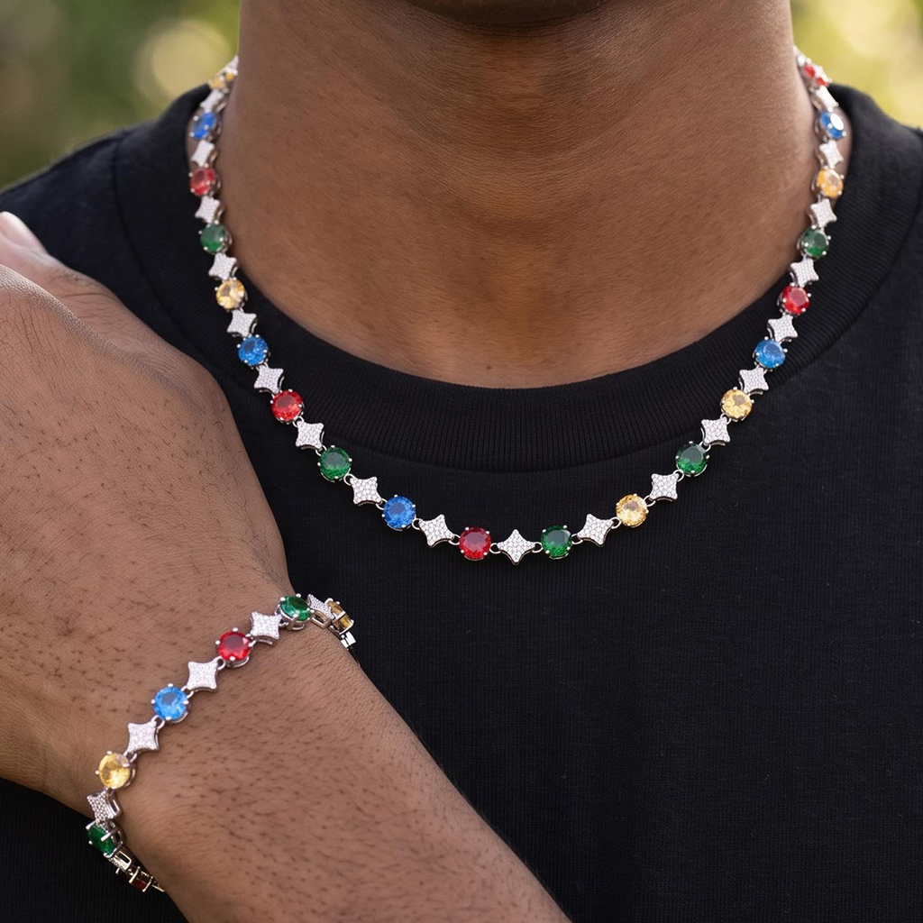 Iced Out Multi-color Star Tennis Chain and Bracelet Set Iced Out Multi-color Star Tennis Chain and Bracelet Set
