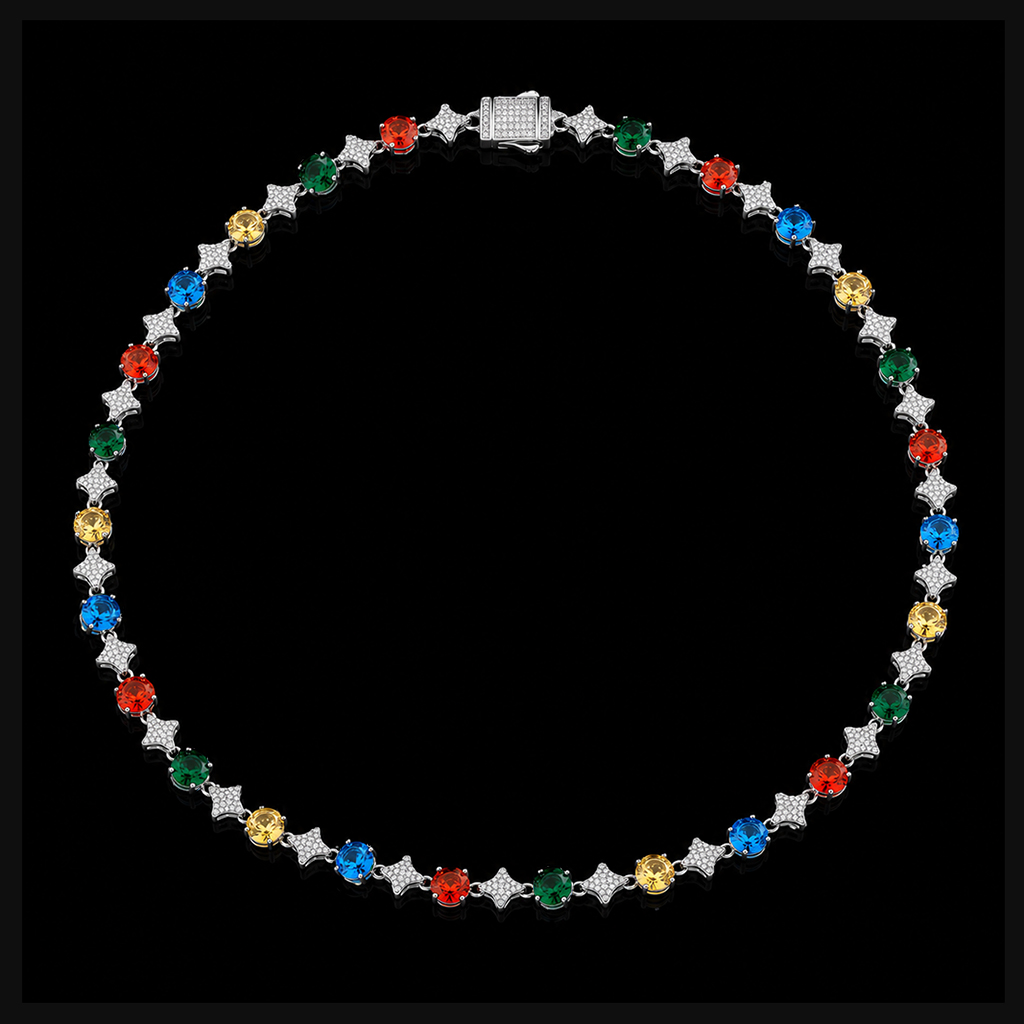 Iced Out Multi-color Star Tennis Chain and Bracelet Set Iced Out Multi-color Star Tennis Chain and Bracelet Set
