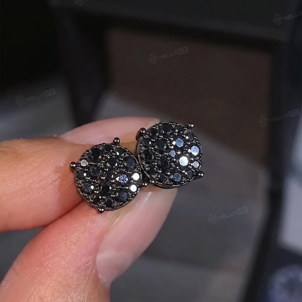 925 Silver & VVS1 Moissanite Black Round Cut Full Paved Stud Earrings