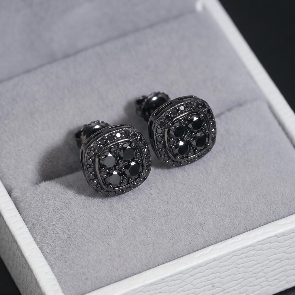 925 Silver & VVS1 Moissanite Black Cluster Halo Earrings