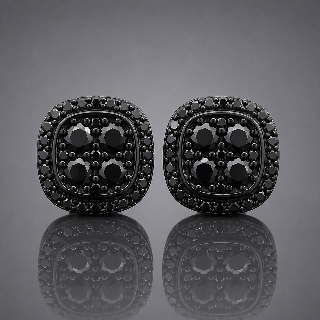 925 Silver & VVS1 Moissanite Black Cluster Halo Earrings