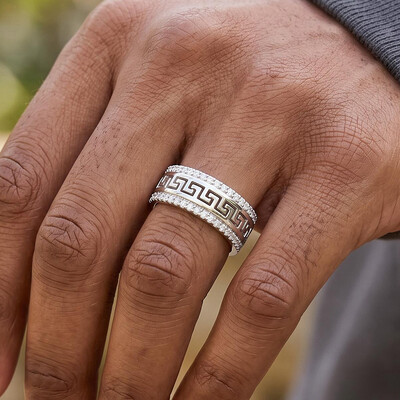 925 Silver & VVS1 Moissanite Round Diamond Greek Key Band Ring