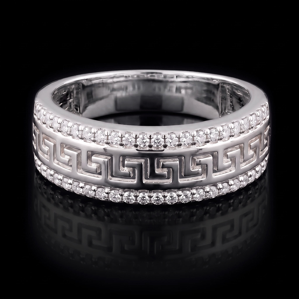 925 Silver & VVS1 Moissanite Round Diamond Greek Key Band Ring 925 Silver & VVS1 Moissanite Round Diamond Greek Key Band Ring