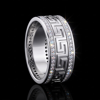 925 Silver & VVS1 Moissanite Greek Key Wedding Band