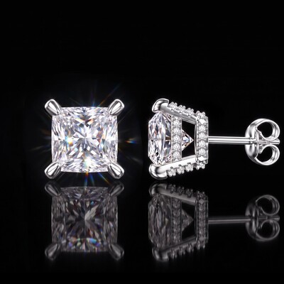 925 Silver & VVS1 Moissanite Princess Cut Pavé Stud Earrings