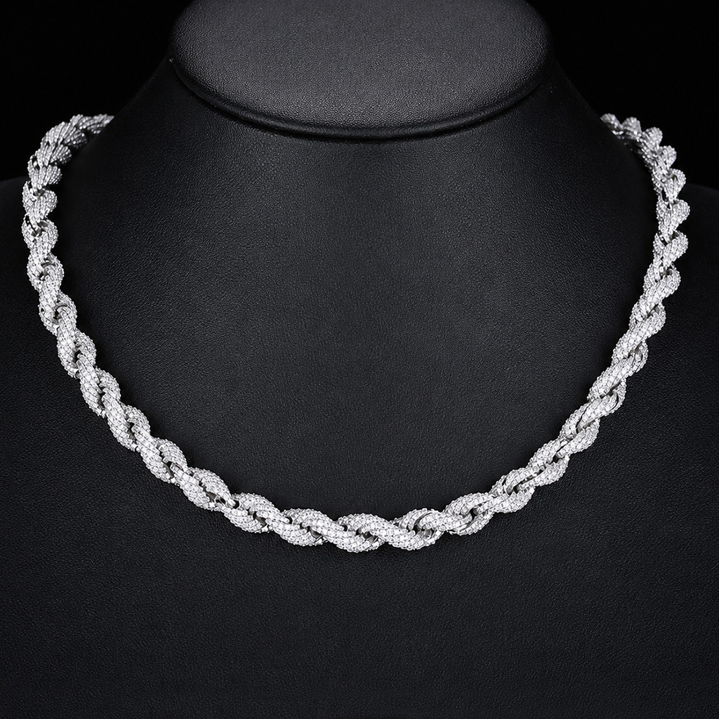 7.5mm 925 Silver & VVS1 Moissanite Rope Chain 7.5mm 925 Silver & VVS1 Moissanite Rope Chain