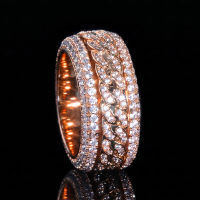 Iced Out Cuban Link Spinner Ring in Rose Gold