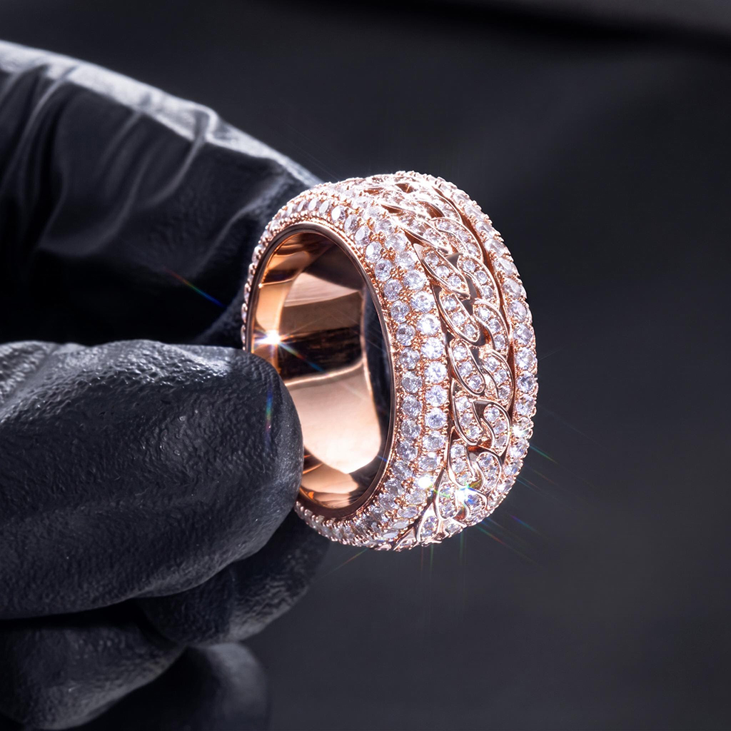 Iced Out Cuban Link Spinner Ring in Rose Gold Iced Out Cuban Link Spinner Ring in Rose Gold