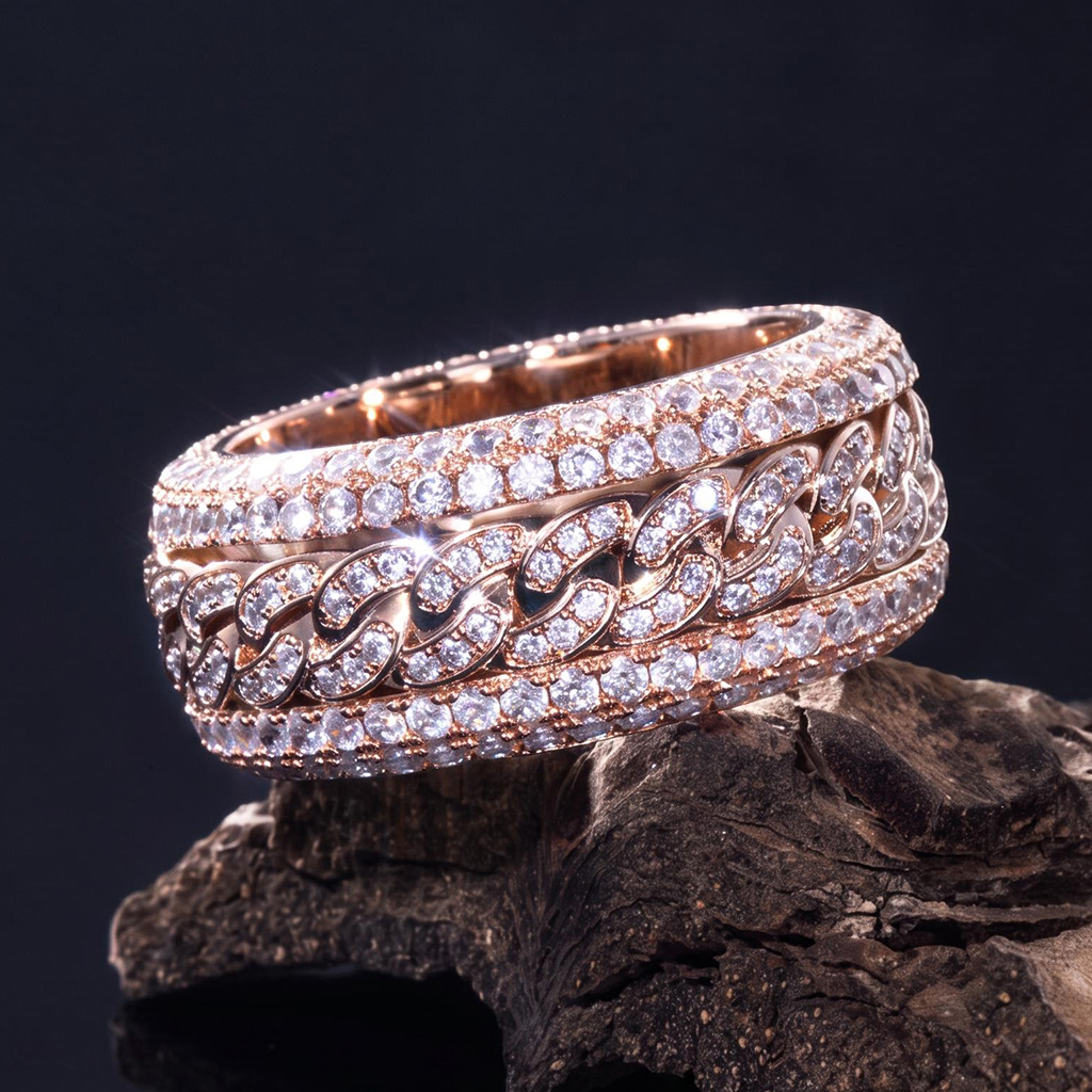 Iced Out Cuban Link Spinner Ring in Rose Gold Iced Out Cuban Link Spinner Ring in Rose Gold