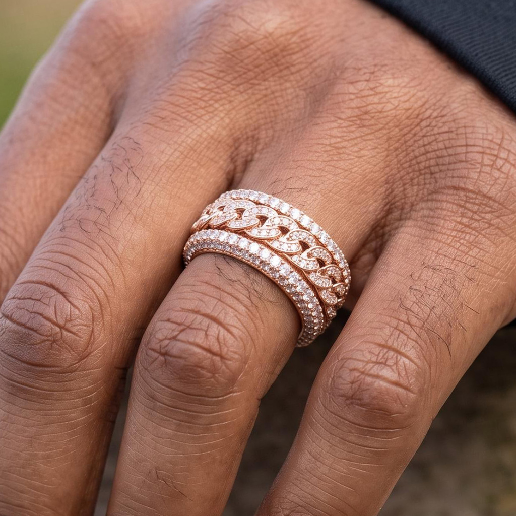 Iced Out Cuban Link Spinner Ring in Rose Gold Iced Out Cuban Link Spinner Ring in Rose Gold