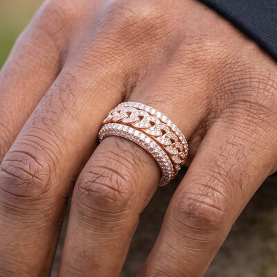 Iced Out Cuban Link Spinner Ring in Rose Gold