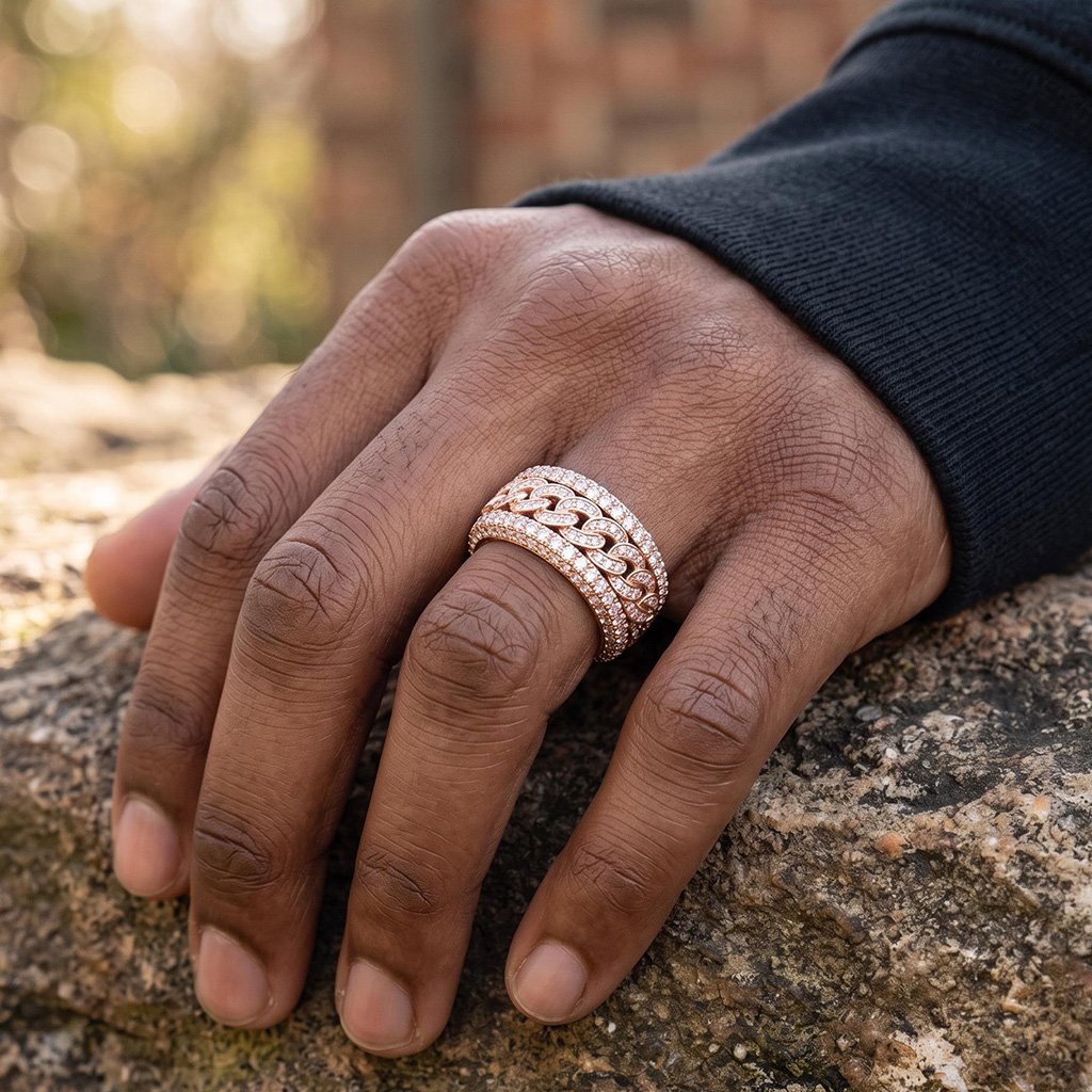 Iced Out Cuban Link Spinner Ring in Rose Gold Iced Out Cuban Link Spinner Ring in Rose Gold