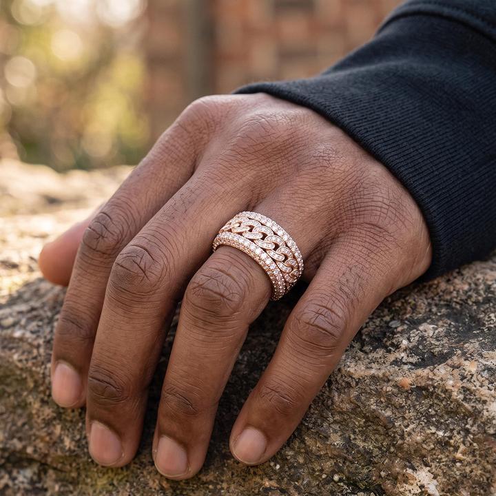 Iced Out Cuban Link Spinner Ring in Rose Gold