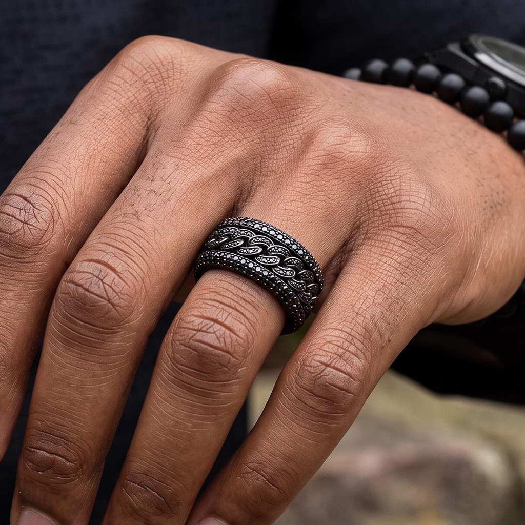 Iced Out Black Cuban Link Spinner Ring Iced Out Black Cuban Link Spinner Ring