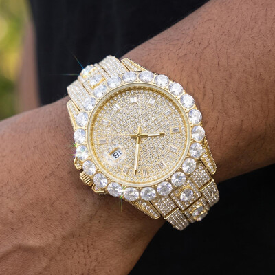 Iced Out Round Cut Date Men's Watch in Gold