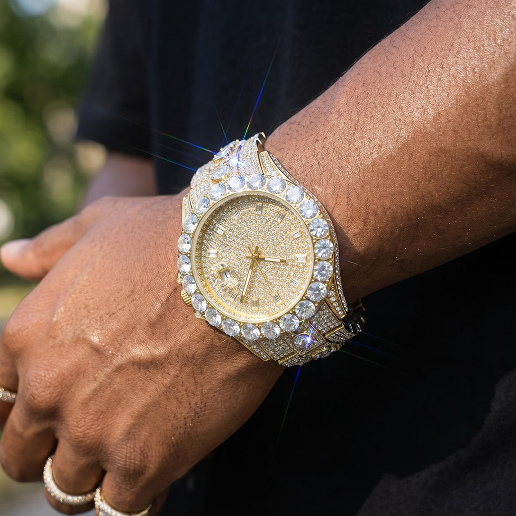 Iced Out Round Cut Date Men's Watch in Gold