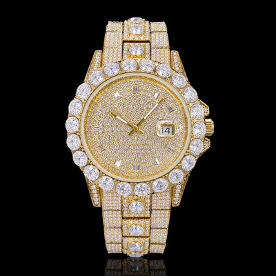 Iced Out Round Cut Date Men's Watch in Gold