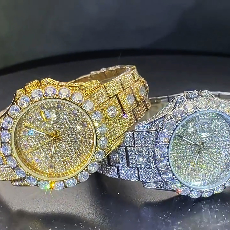 Iced Out Round Cut Date Men's Watch in Gold