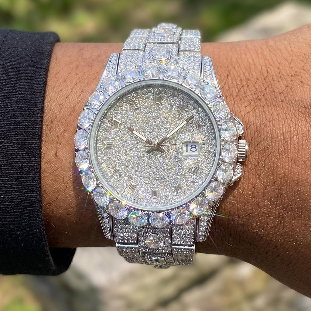 Iced Out Round Cut Date Men's Watch in White Gold Iced Out Round Cut Date Men's Watch in White Gold