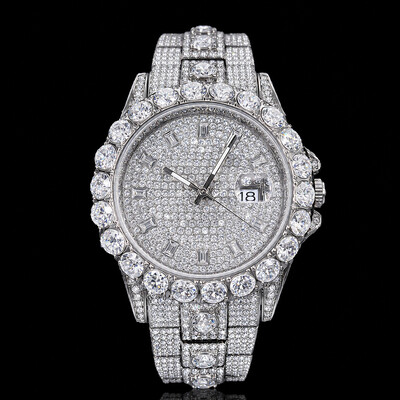 Iced Out Round Cut Date Men's Watch in White Gold