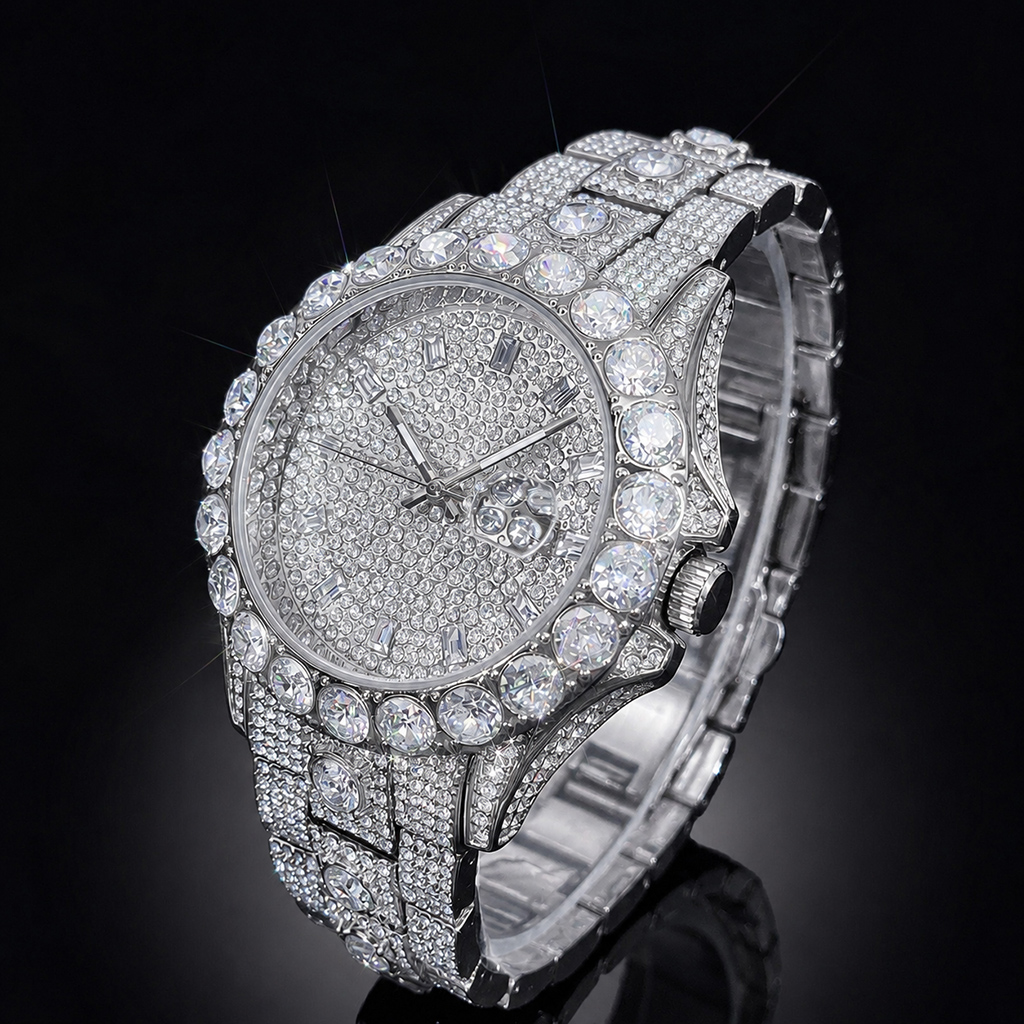 Iced Out Round Cut Date Men's Watch in White Gold Iced Out Round Cut Date Men's Watch in White Gold
