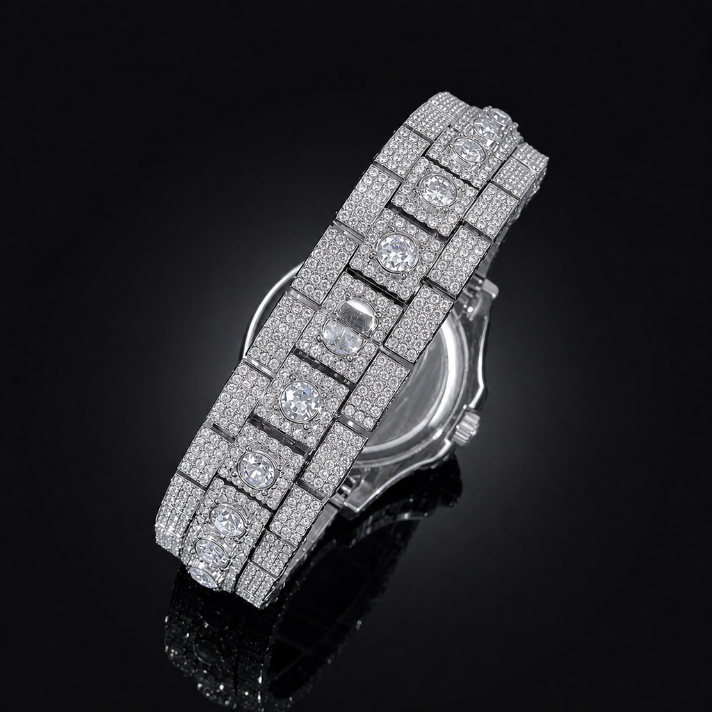 Iced Out Round Cut Date Men's Watch in White Gold Iced Out Round Cut Date Men's Watch in White Gold