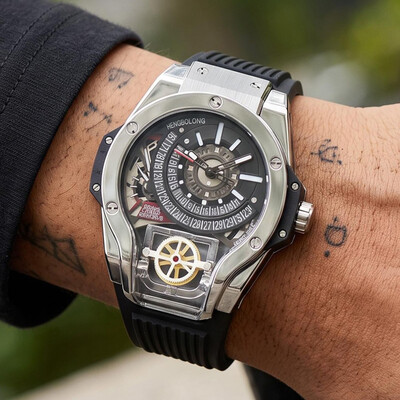 Stainless Steel Men's Watch with Black Silicone Strap