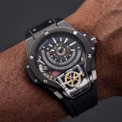 Black Stainless Steel Men's Watch with Silicone Strap
