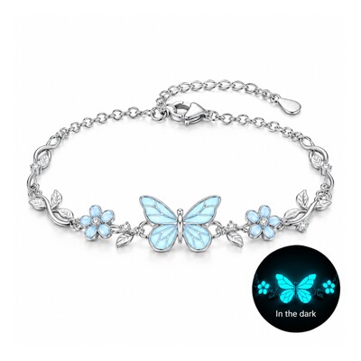 Nature-inspired Glow in the Dark Blue Butterfly Floral Vine Bracelet