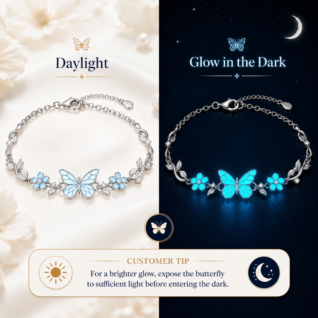 Nature-inspired Glow in the Dark Blue Butterfly Floral Vine Bracelet