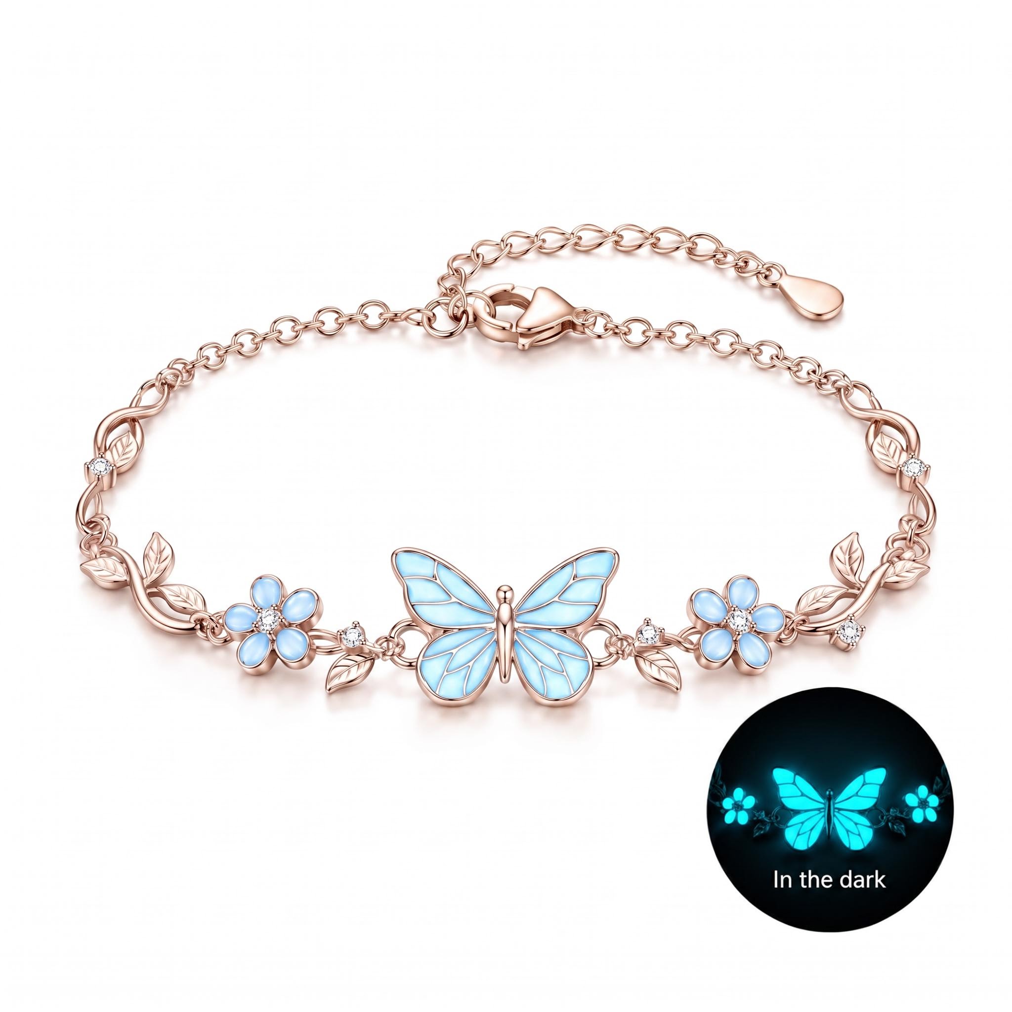 Nature-inspired Glow in the Dark Blue Butterfly Floral Vine Bracelet