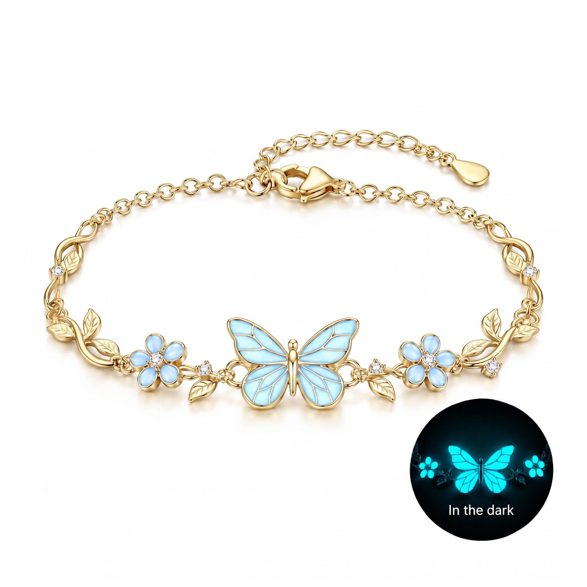 Nature-inspired Glow in the Dark Blue Butterfly Floral Vine Bracelet