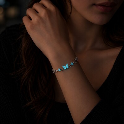 Nature-inspired Glow in the Dark Blue Butterfly Floral Vine Bracelet