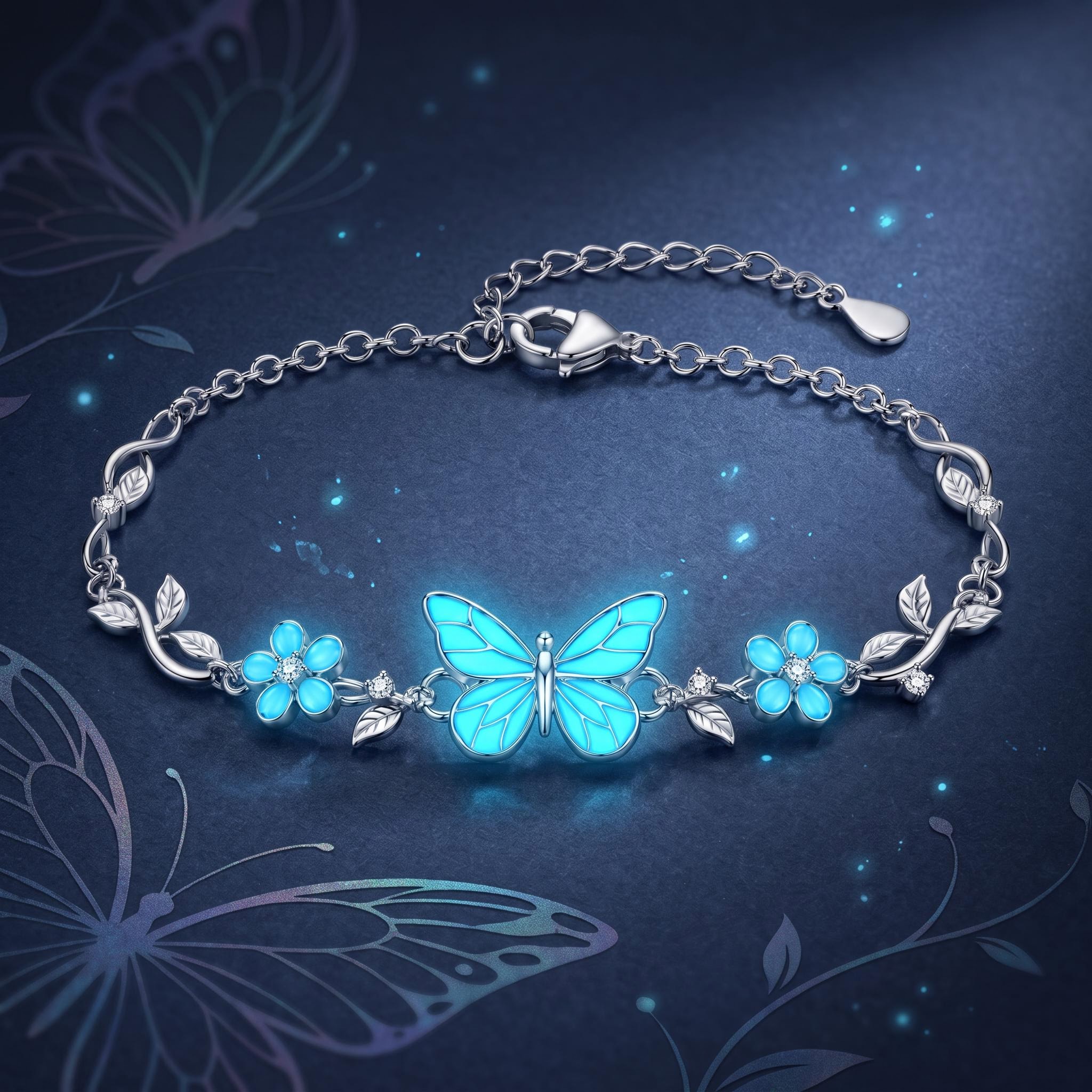 Nature-inspired Glow in the Dark Blue Butterfly Floral Vine Bracelet Nature-inspired Glow in the Dark Blue Butterfly Floral Vine Bracelet