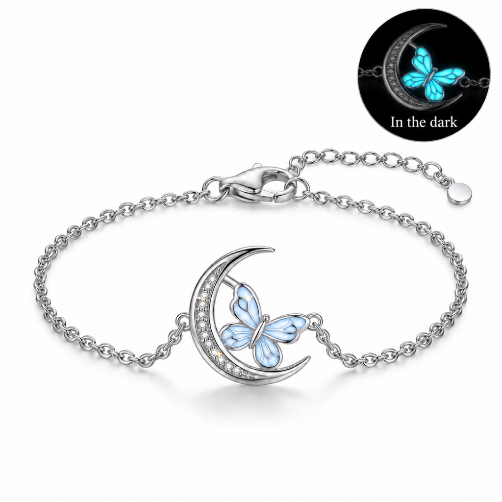 Blue Glow-in-the-dark Butterfly Pave Crescent Moon Bracelet Blue Glow-in-the-dark Butterfly Pave Crescent Moon Bracelet