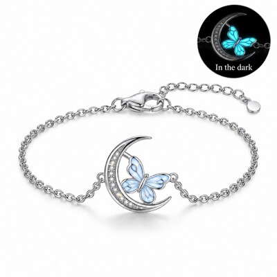 Blue Glow-in-the-dark Butterfly Pave Crescent Moon Bracelet