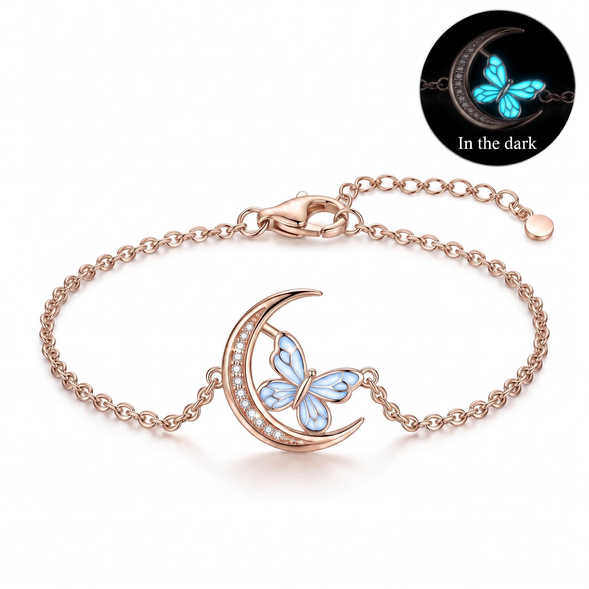Blue Glow-in-the-dark Butterfly Pave Crescent Moon Bracelet Blue Glow-in-the-dark Butterfly Pave Crescent Moon Bracelet