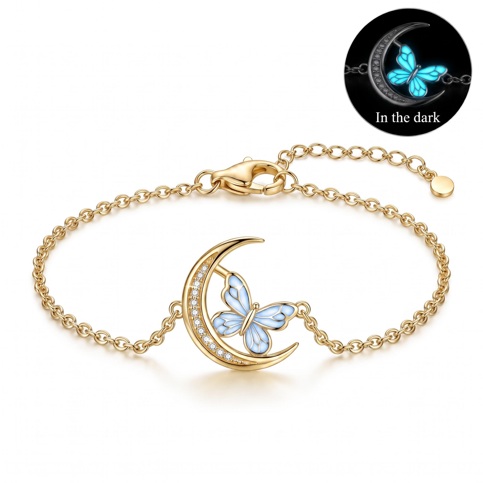 Blue Glow-in-the-dark Butterfly Pave Crescent Moon Bracelet Blue Glow-in-the-dark Butterfly Pave Crescent Moon Bracelet