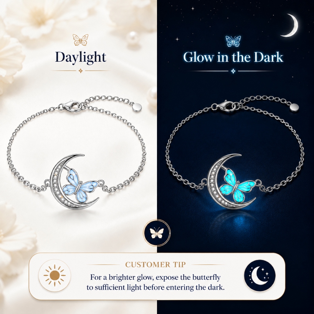 Blue Glow-in-the-dark Butterfly Pave Crescent Moon Bracelet Blue Glow-in-the-dark Butterfly Pave Crescent Moon Bracelet