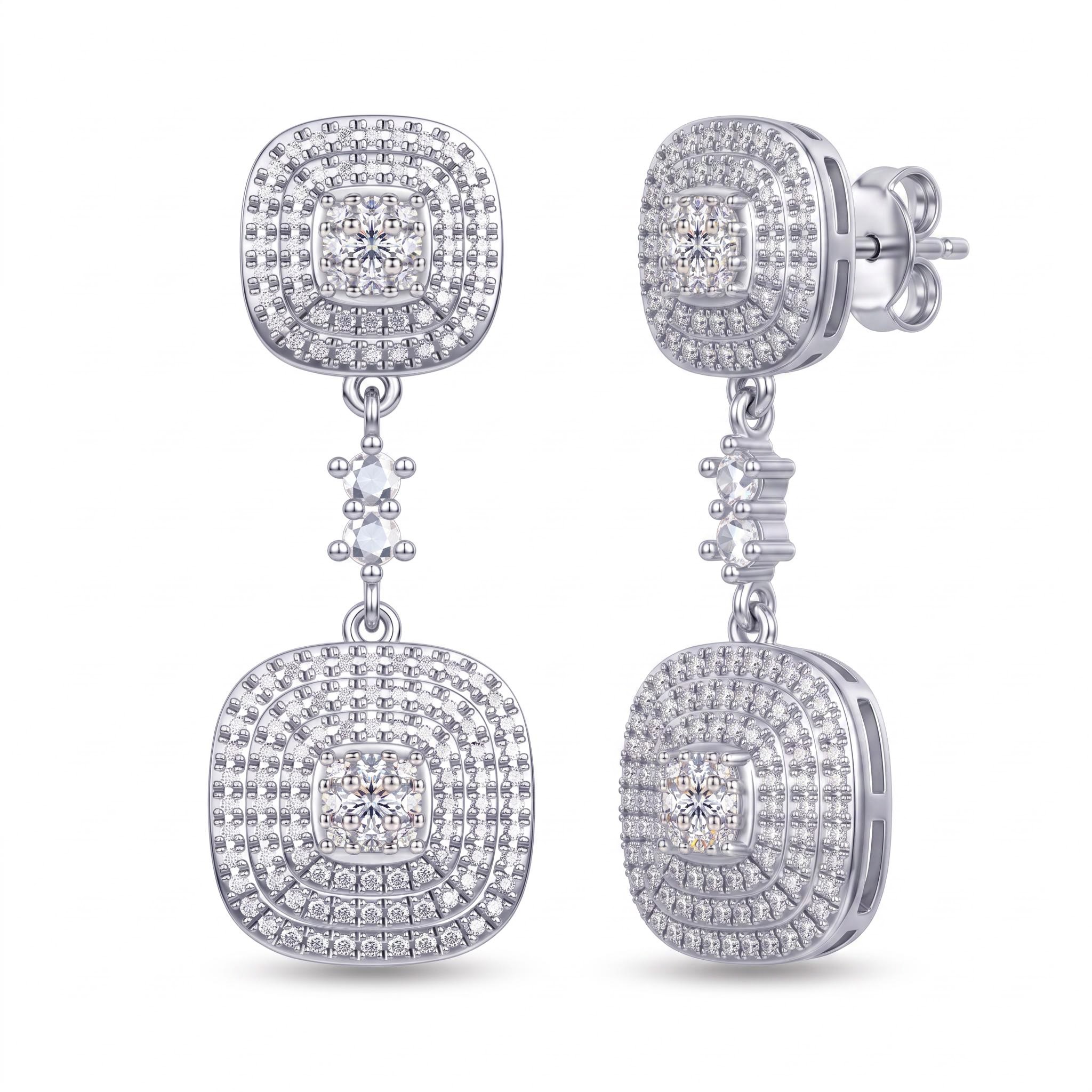 1.14 ct.tw. Pave Set Double Tier Cushion Square Drop Earrings