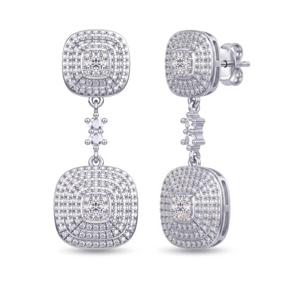 1.14 ct.tw. Pave Set Double Tier Cushion Square Drop Earrings
