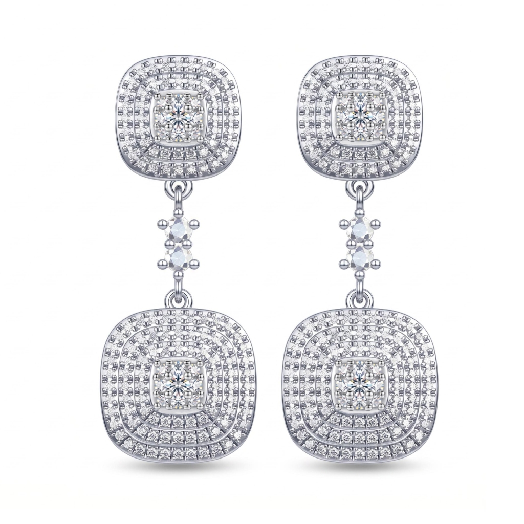 1.14 ct.tw. Pave Set Double Tier Cushion Square Drop Earrings