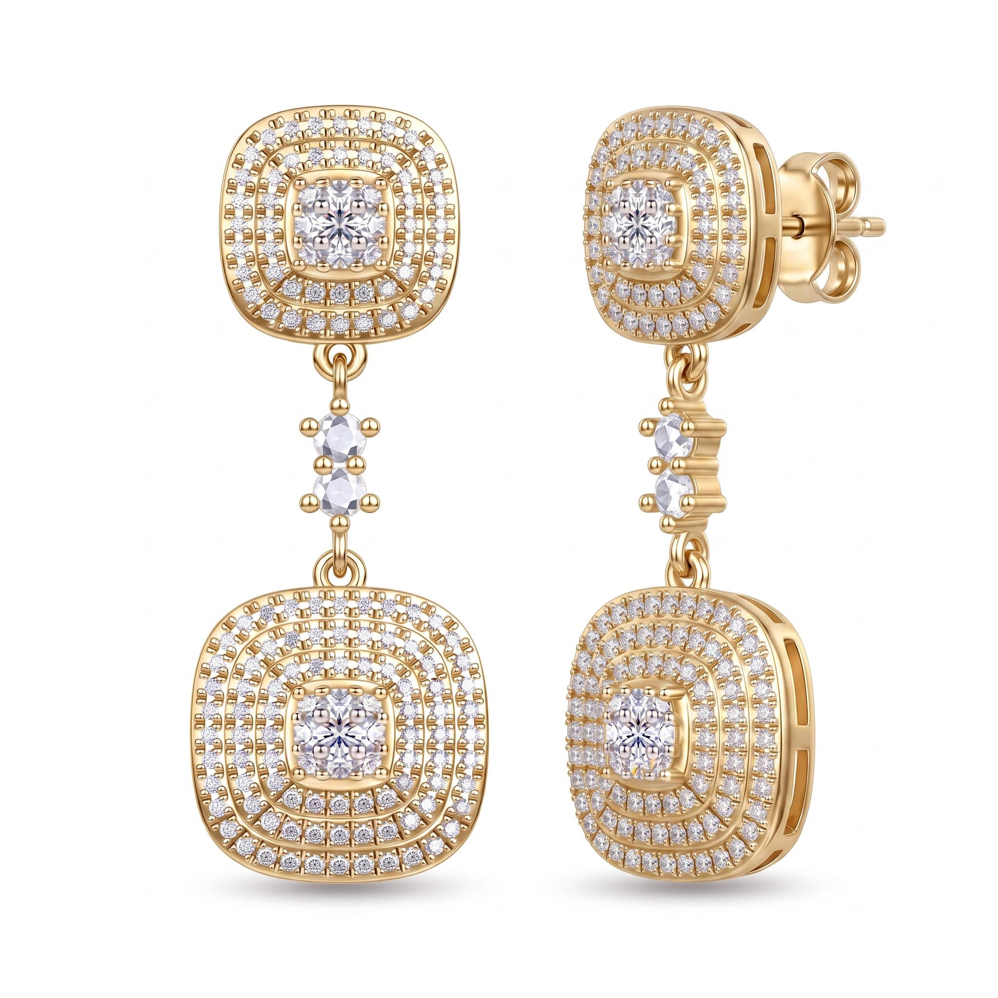1.14 ct.tw. Pave Set Double Tier Cushion Square Drop Earrings