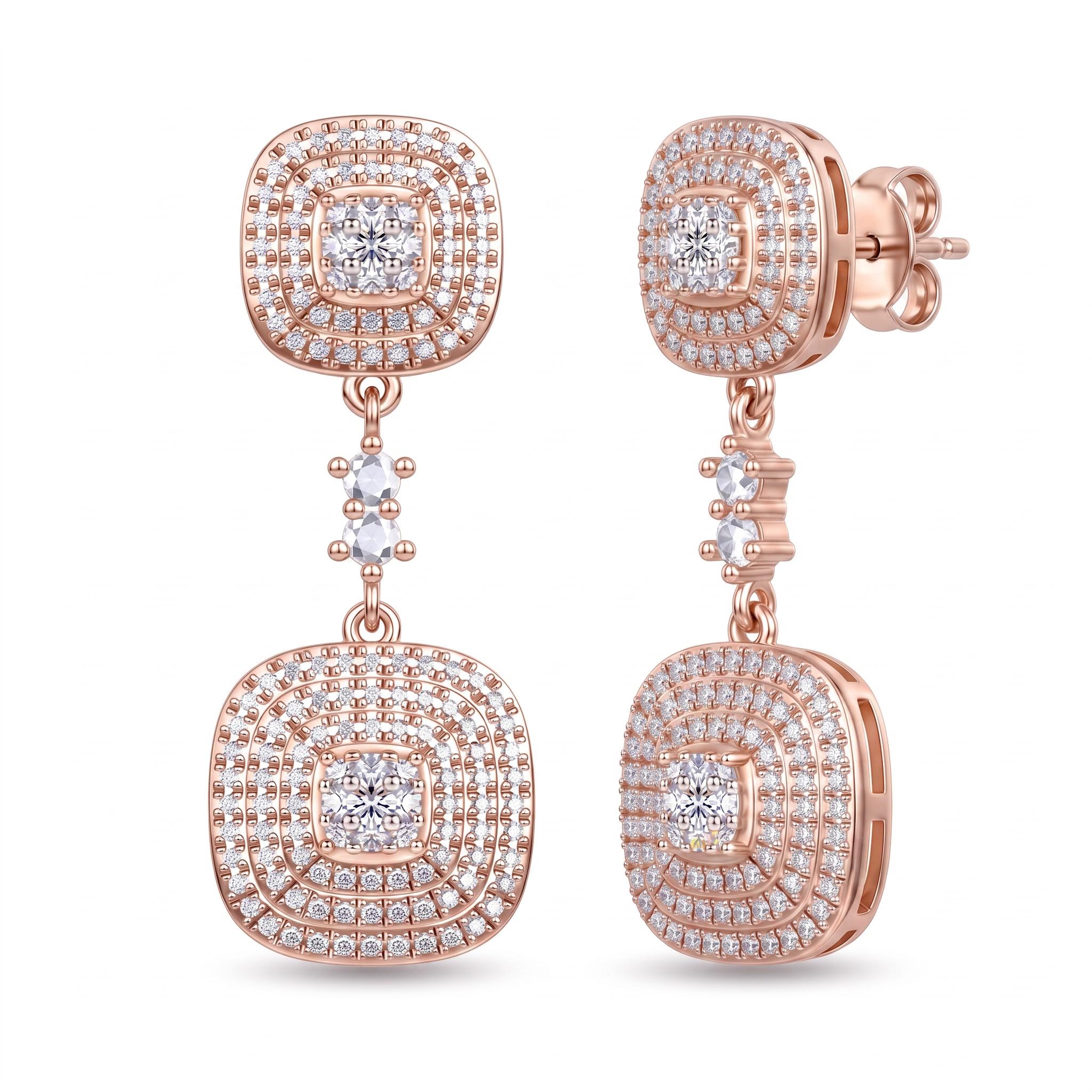1.14 ct.tw. Pave Set Double Tier Cushion Square Drop Earrings