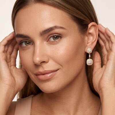 1.14 ct.tw. Pave Set Double Tier Cushion Square Drop Earrings