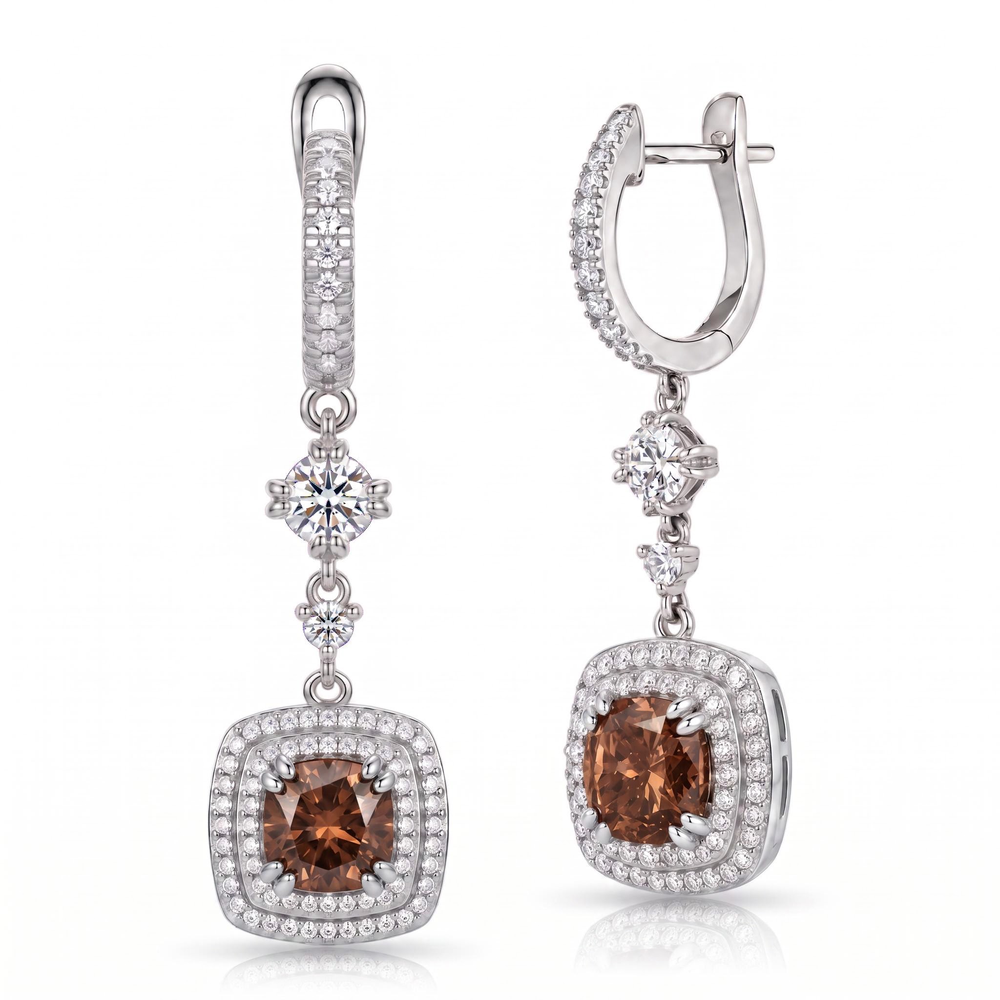 4.97 ct.tw. Pavé Halo Cushion Cut Coffee Chocolate Stone Drop Earrings 4.97 ct.tw. Pavé Halo Cushion Cut Coffee Chocolate Stone Drop Earrings