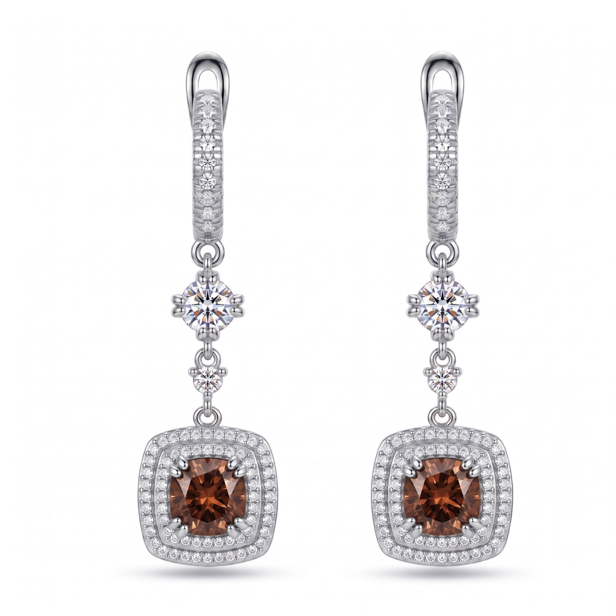 4.97 ct.tw. Pavé Halo Cushion Cut Coffee Chocolate Stone Drop Earrings 4.97 ct.tw. Pavé Halo Cushion Cut Coffee Chocolate Stone Drop Earrings